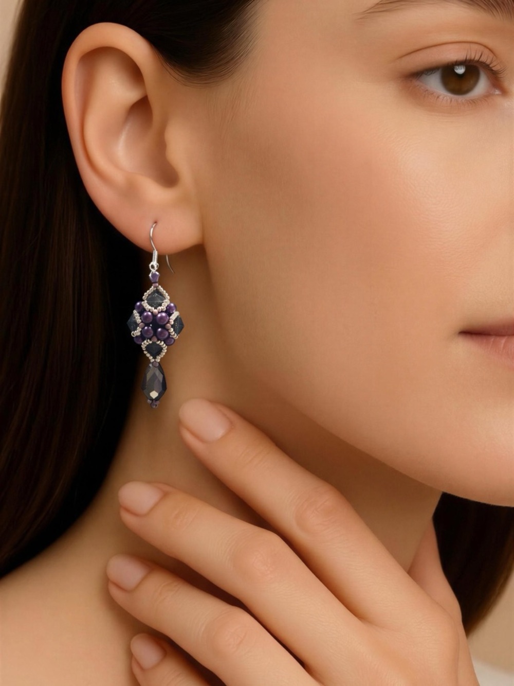 Purple Beaded Drop Earrings with Faceted Teardrop Accent